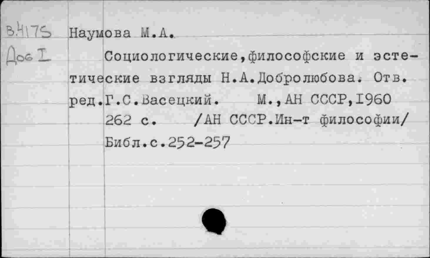 ﻿Ьл 7Ь Наумова М.А.
До<г> Ъ Социологические,философские и эстетические взгляды Н.А.Добролюбова. Отв. ред.Г.С.Басецкий. М.,АН СССР,1960 262 с. /АН СССР.Ин-т философии/ Библ.с.252-257